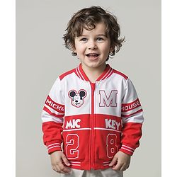 Babyhug Disney Terry Knitted Full Sleeves Bomber Jacket With Mickey Mouse Design - Red & White