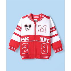 Babyhug Disney Terry Knitted Full Sleeves Bomber Jacket With Mickey Mouse Design - Red & White