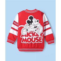 Babyhug Disney Terry Knitted Full Sleeves Bomber Jacket With Mickey Mouse Design - Red & White