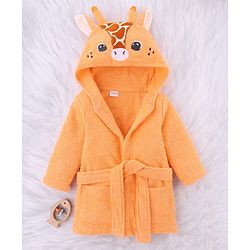 Babyhug Cotton Woven Full Sleeves Hooded Bath Robe With Giraffe Applique - Orange