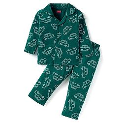 Babyhug Cotton Knit Full Sleeves Night Suit With Vehicles Print - Dark Green