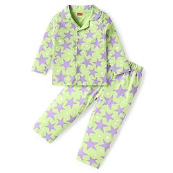 Babyhug Cotton Knit Full Sleeves Front Open Night Suit Star Print - Neon Green