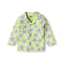 Babyhug Cotton Knit Full Sleeves Front Open Night Suit Star Print - Neon Green