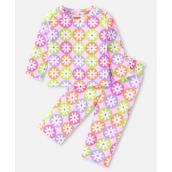 Babyhug Cotton Knit Full Sleeves Night Suit with Floral Print - Pink