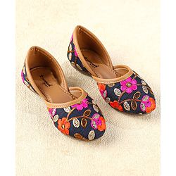 Cute Walk by Babyhug Slip On Mojaris with Floral Detailing - Navy Blue