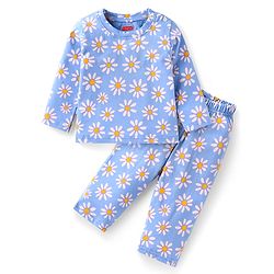Babyhug Cotton Knit Full Sleeves Night Suit With Floral Print - Light Blue