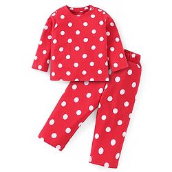 Babyhug Cotton Knit Full Sleeves Night Suit With Polka Dots Print - Red
