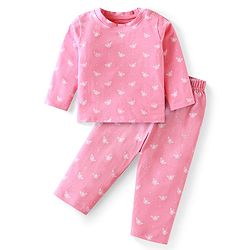 Babyhug Cotton Knit Full Sleeves Night Suit Set with Butterfly Print - Pink