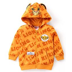 Babyhug Disney Terry Knit Full Sleeves Front Open Hooded Sweatjacket with Lion King Graphics & Ears Applique - Orange