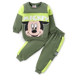 Babyhug Disney Cotton Knit Full Sleeves Sweatshirt & Lounge Pants Set With Front & Back Mickey Mouse Graphics - Green