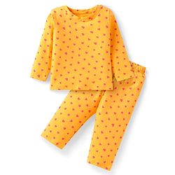 Babyhug Cotton Knit Full Sleeves Night Suit with Hearts Print - Yellow