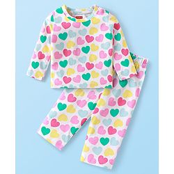Babyhug Cotton Knit Full Sleeves Night Suit Set with Heart Print - White