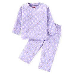 Babyhug Cotton Knit Full Sleeves Floral Printed Night Suit - Purple