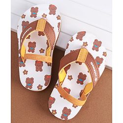 Cute Walk by Babyhug Slip on Flip Flops with Back Strap & Teddy Bear Print - Light Brown & White
