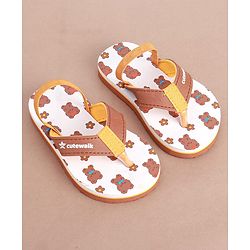 Cute Walk by Babyhug Slip on Flip Flops with Back Strap & Teddy Bear Print - Light Brown & White