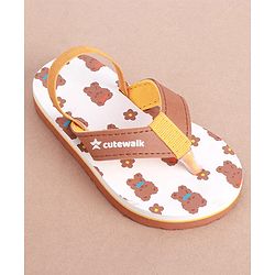 Cute Walk by Babyhug Slip on Flip Flops with Back Strap & Teddy Bear Print - Light Brown & White