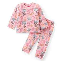 Babyhug Knit Full Sleeves Winter Night Suit Crown Print - Pink
