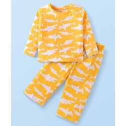 Babyhug Cotton Knit Full Sleeves Night Suit Set with Fish Print - Yellow