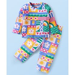Babyhug Cotton Woven Full Sleeves Floral Printed Night Suit - Grey Blue & Yellow