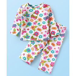 Babyhug Cotton Knit Full Sleeves Night Suit With Floral Print - White
