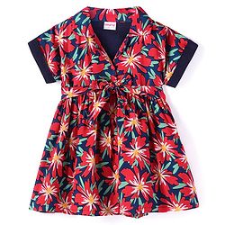 Babyhug Cotton Woven Half Sleeves Floral Printed Frock with Bow Detailing - Navy Blue & Red