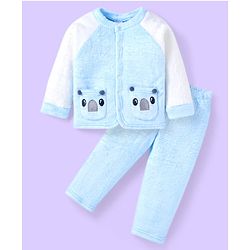 Babyhug Velour Knit Full Raglan Sleeves Winter Wear Night Suit with Pockets & Koala Patch - Light Blue