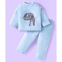 Babyhug Velour Knit Full Sleeves Winter Night Suit With Dino Print - Light Blue