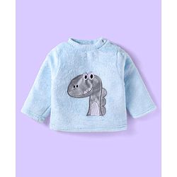 Babyhug Velour Knit Full Sleeves Winter Night Suit With Dino Print - Light Blue