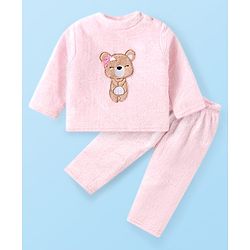 Babyhug Velour Knit Full Sleeves Winter Night Suit With Teddy Bear Print - Pink