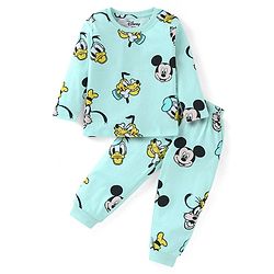 Babyhug Disney Single Jersey Knit Full Sleeves Night Suit with Mickey Mouse Print - Aqua Blue