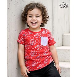 Babyhug Disney Single Jersey Knit Half Sleeves T-Shirt With Mickey Mouse Print & Pocket Detailing - Red