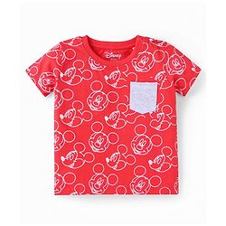 Babyhug Disney Single Jersey Knit Half Sleeves T-Shirt With Mickey Mouse Print & Pocket Detailing - Red
