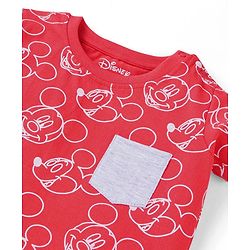 Babyhug Disney Single Jersey Knit Half Sleeves T-Shirt With Mickey Mouse Print & Pocket Detailing - Red