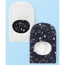 Babyhug Knitted  Reversible Monkey Cap Space Theme Print - Navy Blue & White