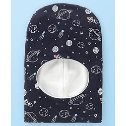 Babyhug Knitted  Reversible Monkey Cap Space Theme Print - Navy Blue & White