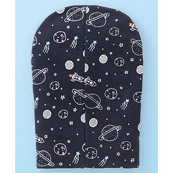 Babyhug Knitted  Reversible Monkey Cap Space Theme Print - Navy Blue & White