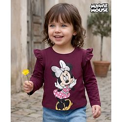 Babyhug Disney Single Jersey Knit Full Sleeves Top With Minnie Mouse Graphics and Frill Detailing - Maroon