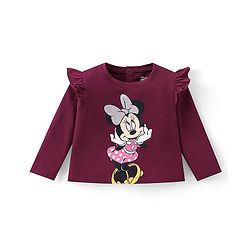 Babyhug Disney Single Jersey Knit Full Sleeves Top With Minnie Mouse Graphics and Frill Detailing - Maroon