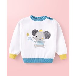 Babyhug Cotton Knitted Full Sleeves Pullover Sweater With Animal Design - White