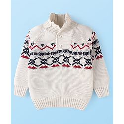 Babyhug Cotton Knitted Full Sleeves Pullover Sweater With Aztec Design - White