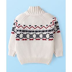 Babyhug Cotton Knitted Full Sleeves Pullover Sweater With Aztec Design - White