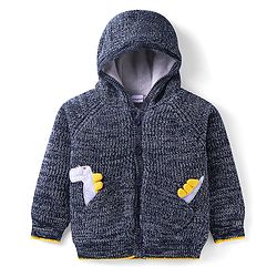 Babyhug Cotton Knit Full Raglan Sleeves Hooded Sweater with Dino Applique - Navy Blue