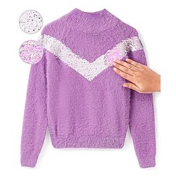 Babyhug Cotton Knit Full Sleeves High Neck Sweater with Reversible Sequins - Purple