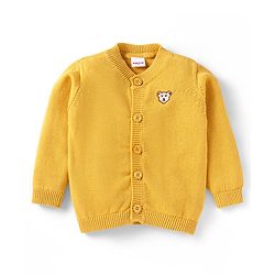 Babyhug Cotton Knitted Full Sleeves Front Open Sweater With Bear Embroidery - Yellow