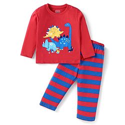 Babyhug Cotton Knit Full Sleeves Night Suit With Stripes & Dinosaurs Print - Red & Navy