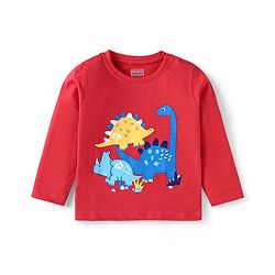 Babyhug Cotton Knit Full Sleeves Night Suit With Stripes & Dinosaurs Print - Red & Navy