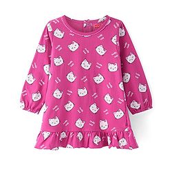 Babyhug Cotton Knit Full Peasant Sleeves Kitty Printed Nighty - Pink