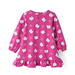 Babyhug Cotton Knit Full Peasant Sleeves Kitty Printed Nighty - Pink