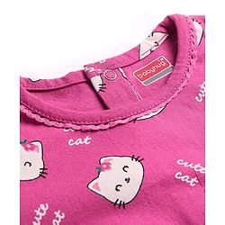 Babyhug Cotton Knit Full Peasant Sleeves Kitty Printed Nighty - Pink