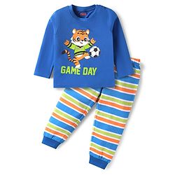 Babyhug Cotton Knit Full Sleeves Night Suit with Tiger Print & Stripes - Blue